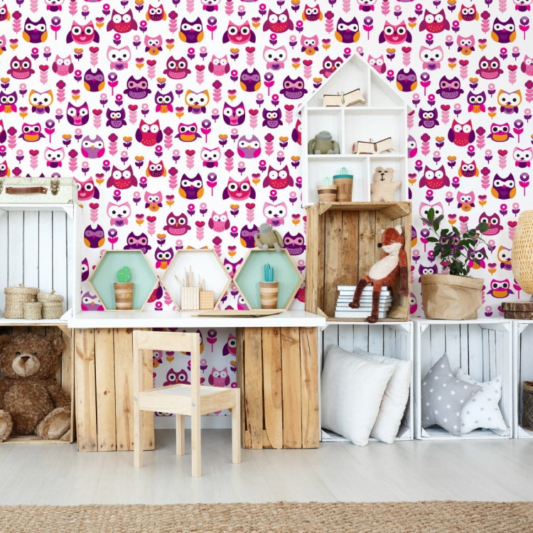 Tapeta Do Pokoju Dziewczynek Kolorowe Sowy Kwiaty