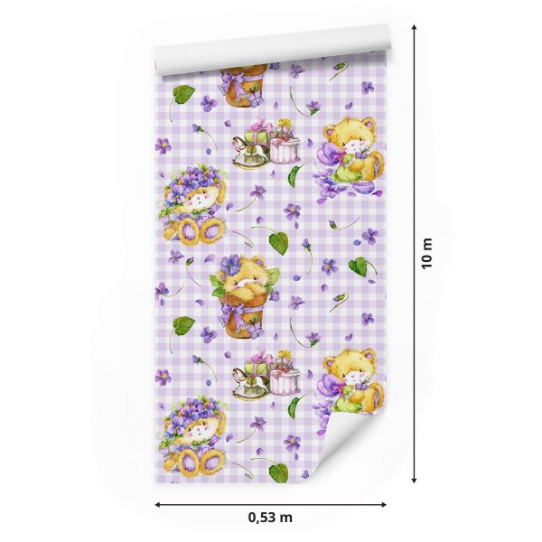 Tapeta Kratka Misie Kwiaty Liście, Dla Dziewczynki