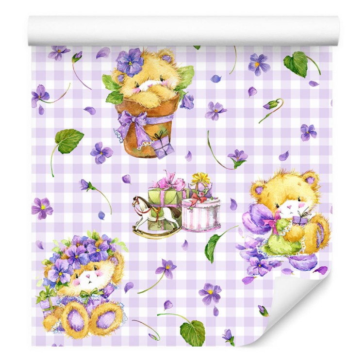 Tapeta Kratka Misie Kwiaty Liście, Dla Dziewczynki