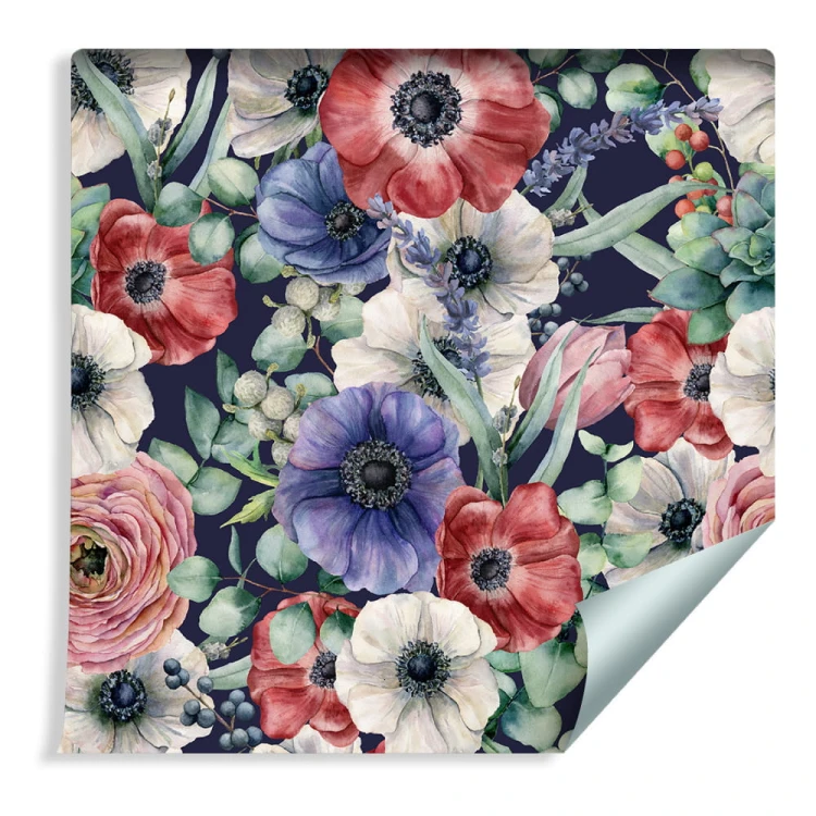 Tapeta Kolorowe Zawilce, Jaskry I Jagody Malowane Akwarelą