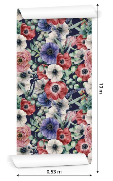 Tapeta Kolorowe Zawilce, Jaskry I Jagody Malowane Akwarelą