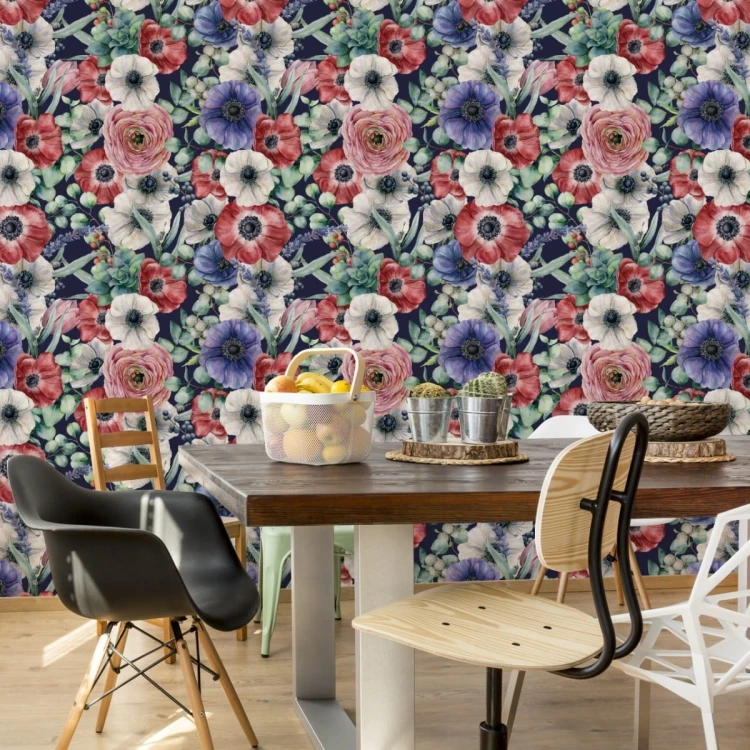 Tapeta Kolorowe Zawilce, Jaskry I Jagody Malowane Akwarelą