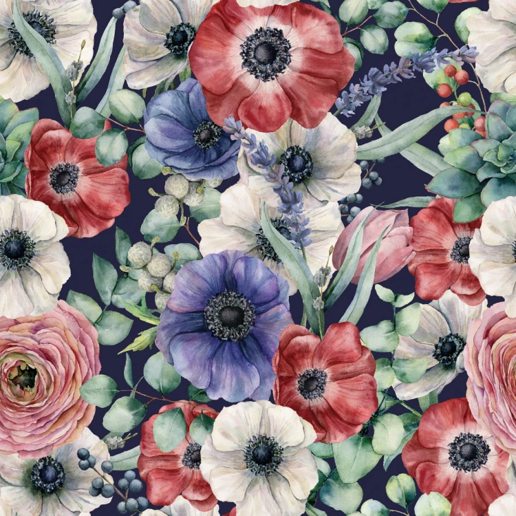 Tapeta Kolorowe Zawilce, Jaskry I Jagody Malowane Akwarelą