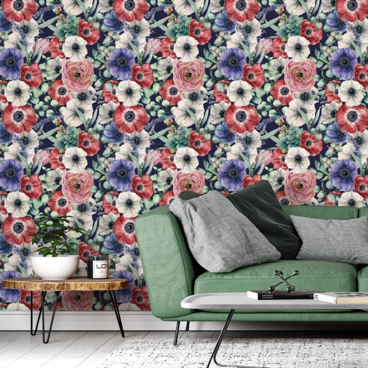 Tapeta Kolorowe Zawilce, Jaskry I Jagody Malowane Akwarelą