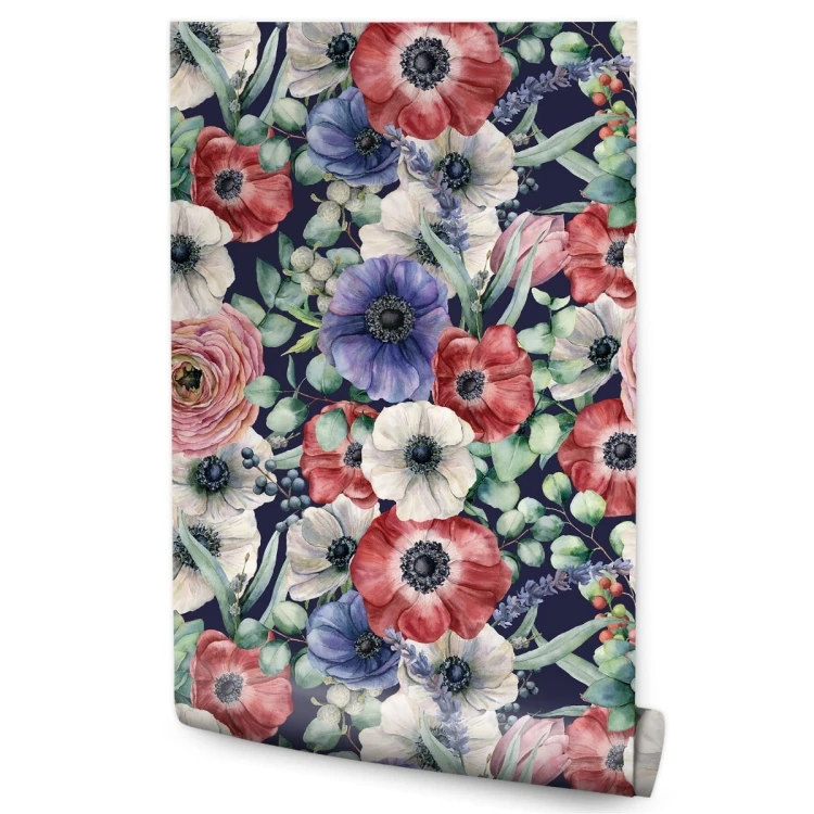 Tapeta Kolorowe Zawilce, Jaskry I Jagody Malowane Akwarelą