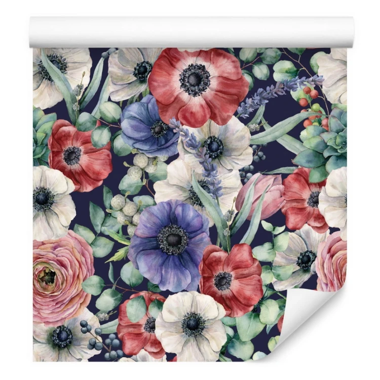 Tapeta Kolorowe Zawilce, Jaskry I Jagody Malowane Akwarelą