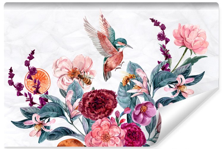 Fototapeta Akwarelowe Kolibry I Pszczoły Na Kwiatkach