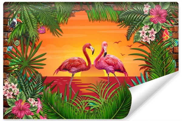 Fototapeta Flamingi Za Ceglaną Ścianą
