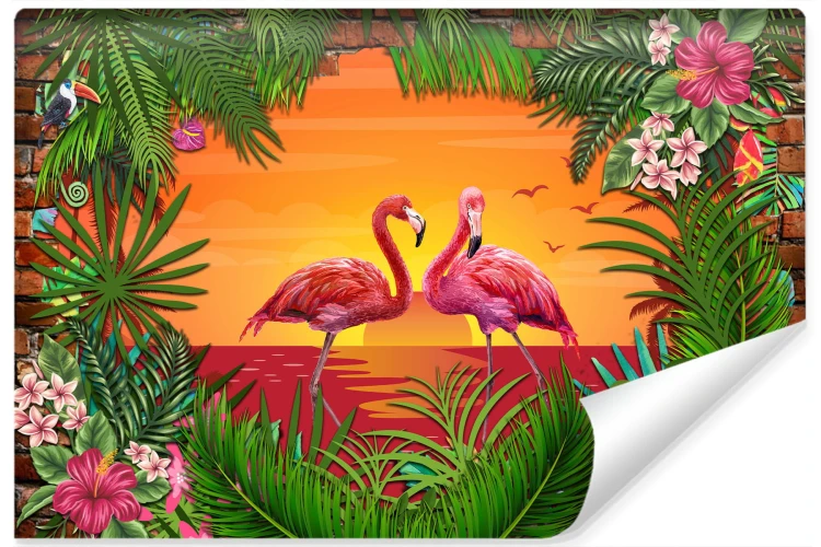 Fototapeta Flamingi Za Ceglaną Ścianą