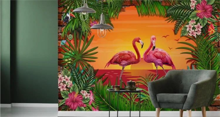 Fototapeta Flamingi Za Ceglaną Ścianą