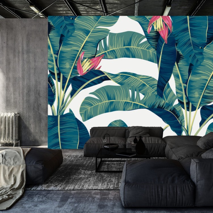 Fototapeta Botanical Seamless Pattern, Hand Drawn Banana Tree On Bright Grey
