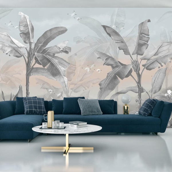 Fototapeta Banana Tree Wallpaper Design With Pastel Tones, Tropical Landscape, Mural Art.