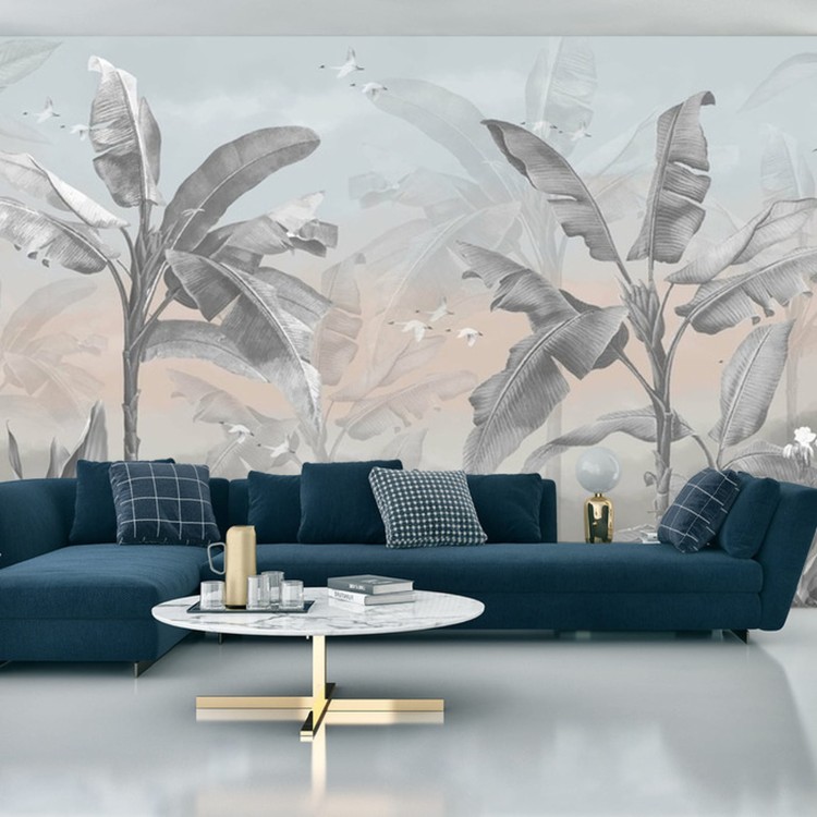 Fototapeta Banana Tree Wallpaper Design With Pastel Tones, Tropical Landscape, Mural Art.