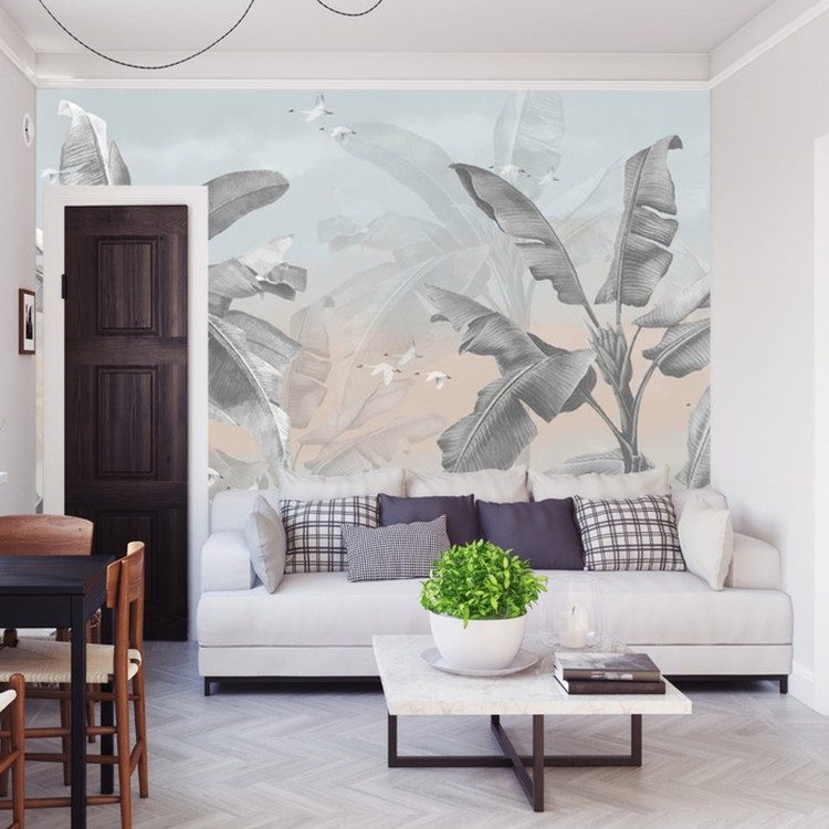 Fototapeta Banana Tree Wallpaper Design With Pastel Tones, Tropical Landscape, Mural Art.