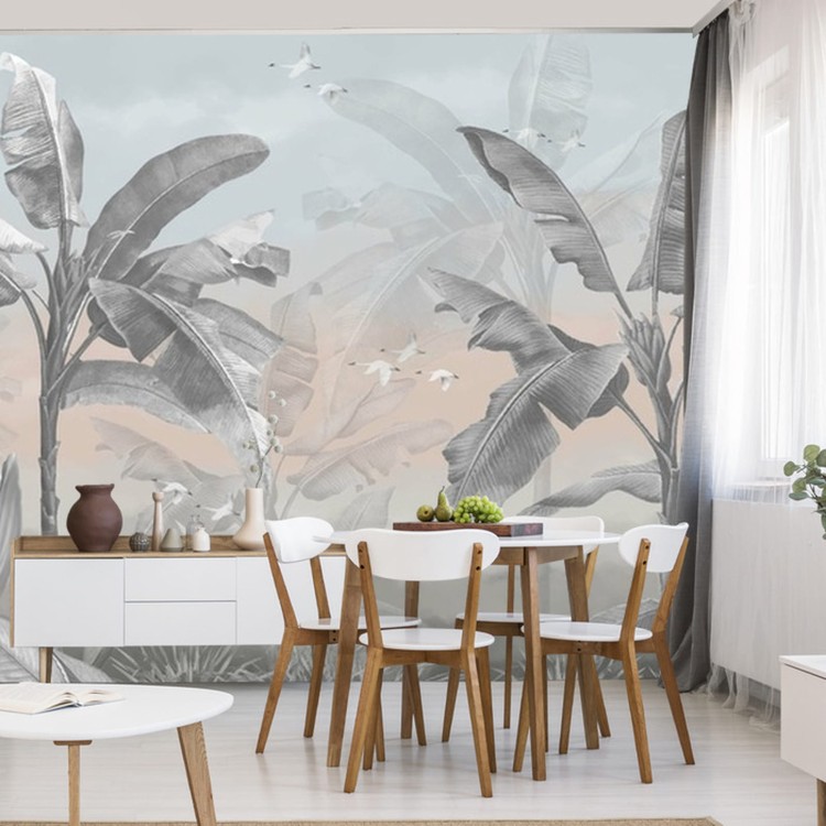 Fototapeta Banana Tree Wallpaper Design With Pastel Tones, Tropical Landscape, Mural Art.