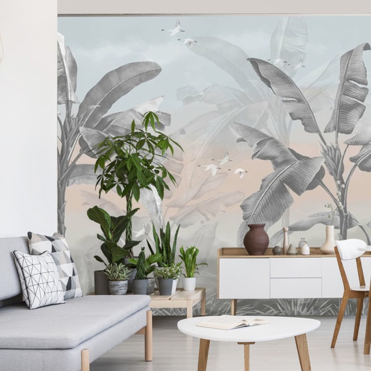 Fototapeta Banana Tree Wallpaper Design With Pastel Tones, Tropical Landscape, Mural Art.