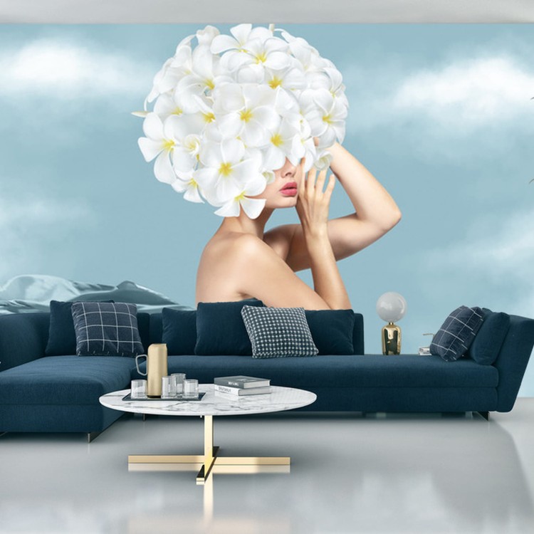 Fototapeta Portrait Of Young Beautiful Woman With Blue Silk