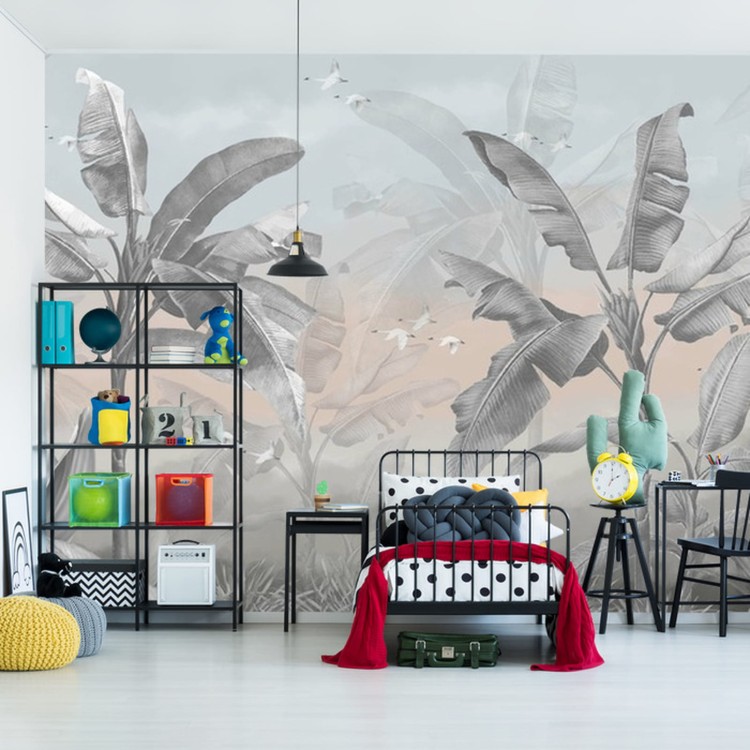 Fototapeta Banana Tree Wallpaper Design With Pastel Tones, Tropical Landscape, Mural Art.