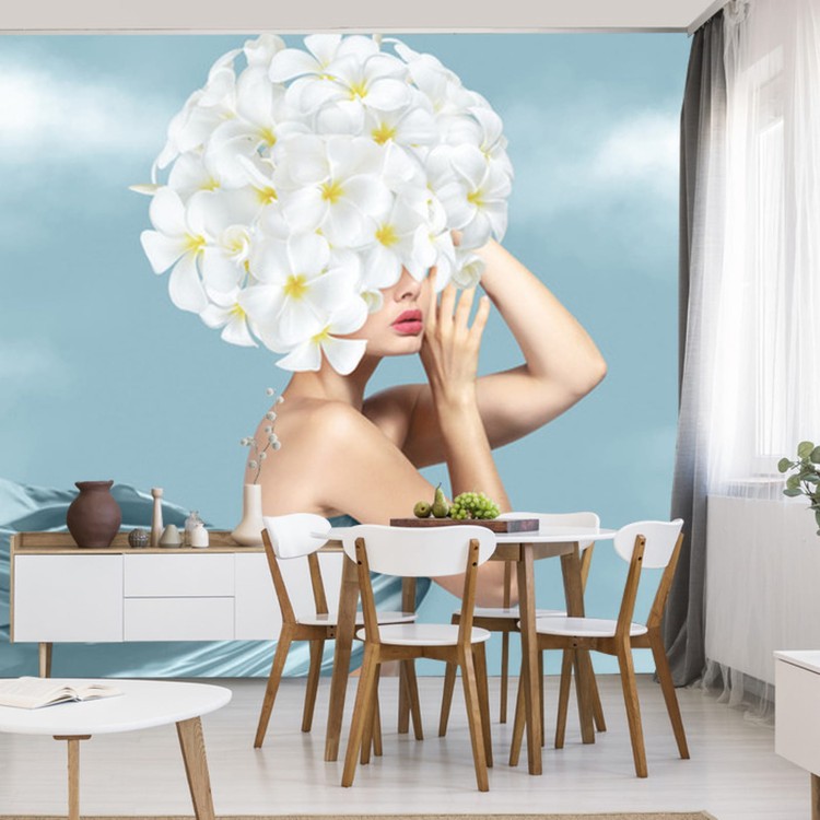 Fototapeta Portrait Of Young Beautiful Woman With Blue Silk