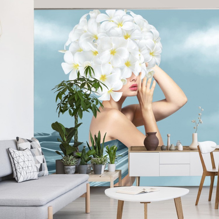 Fototapeta Portrait Of Young Beautiful Woman With Blue Silk