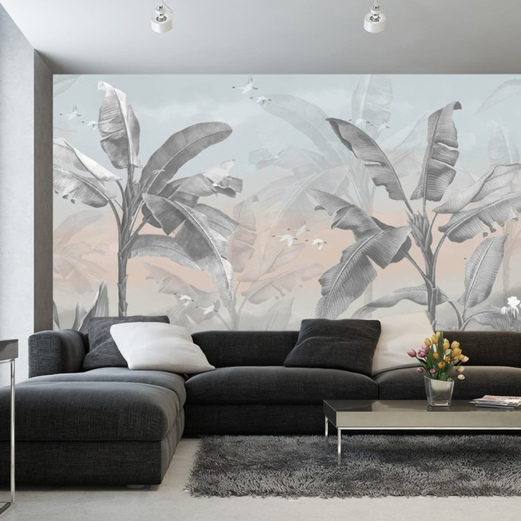 Fototapeta Banana Tree Wallpaper Design With Pastel Tones, Tropical Landscape, Mural Art.