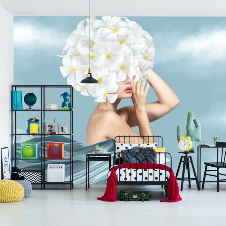 Fototapeta Portrait Of Young Beautiful Woman With Blue Silk