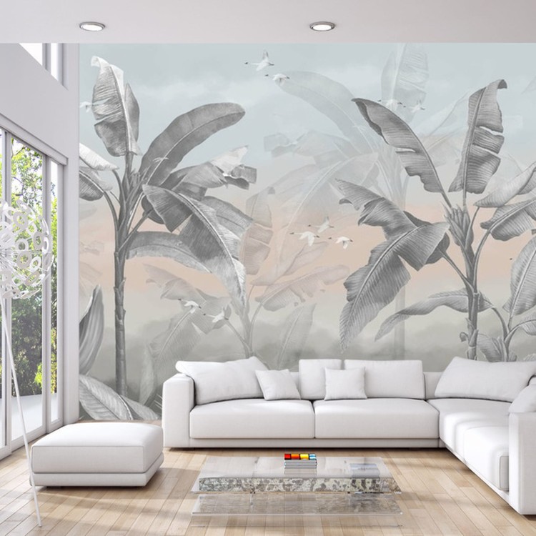 Fototapeta Banana Tree Wallpaper Design With Pastel Tones, Tropical Landscape, Mural Art.