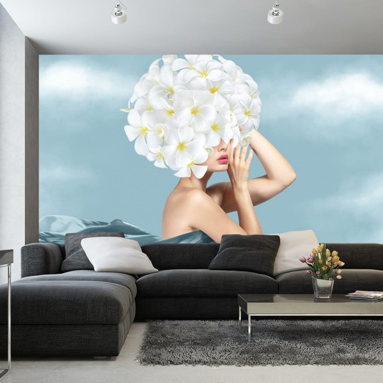 Fototapeta Portrait Of Young Beautiful Woman With Blue Silk