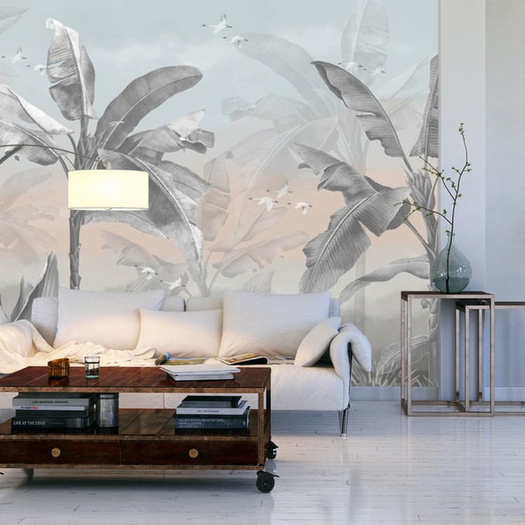 Fototapeta Banana Tree Wallpaper Design With Pastel Tones, Tropical Landscape, Mural Art.
