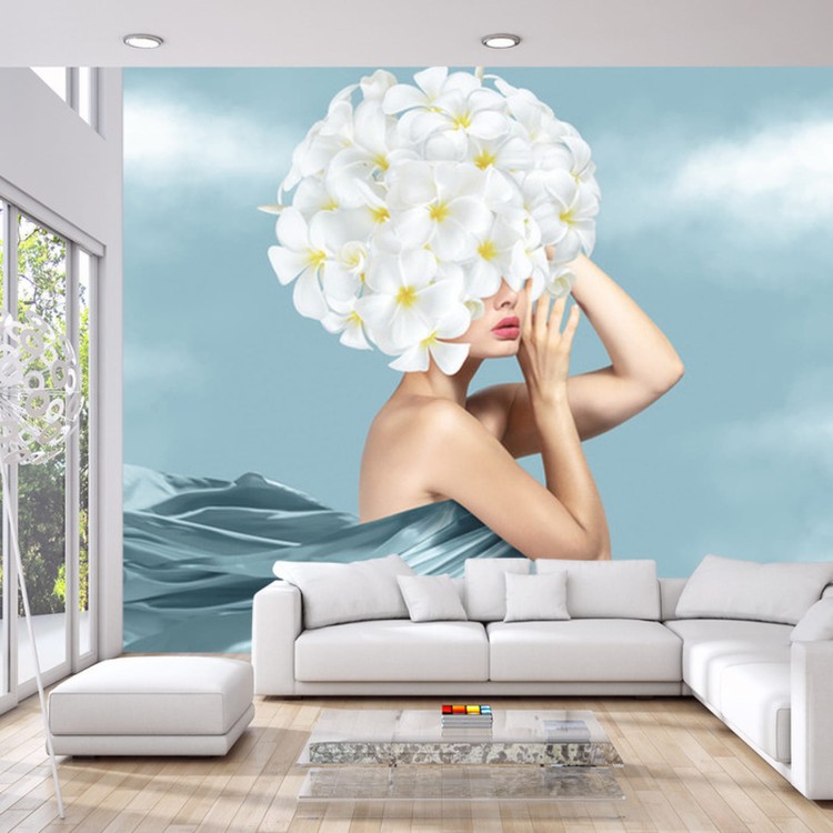 Fototapeta Portrait Of Young Beautiful Woman With Blue Silk