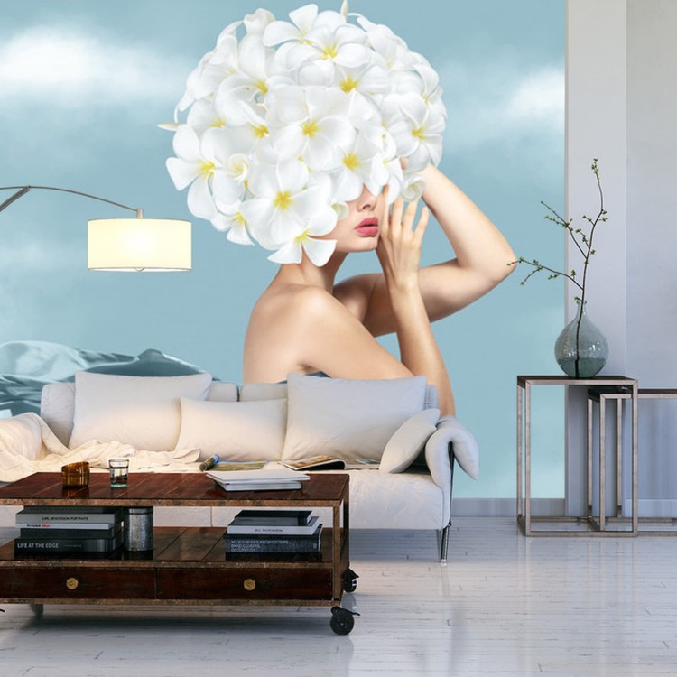 Fototapeta Portrait Of Young Beautiful Woman With Blue Silk