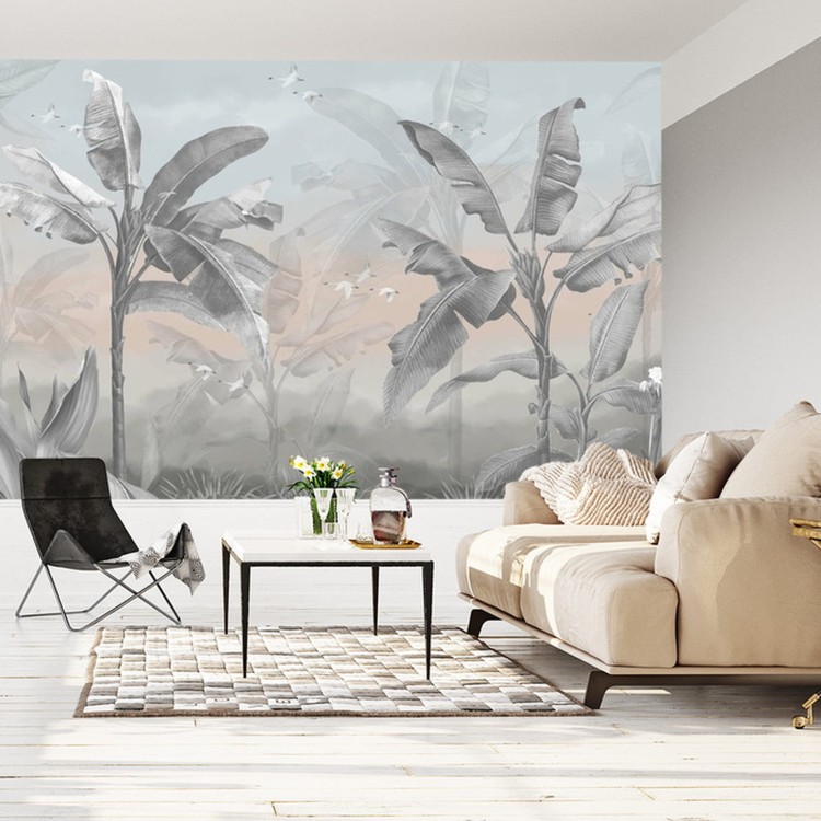 Fototapeta Banana Tree Wallpaper Design With Pastel Tones, Tropical Landscape, Mural Art.
