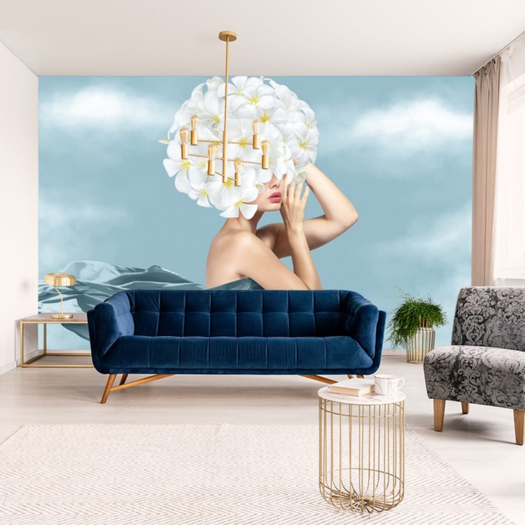 Fototapeta Portrait Of Young Beautiful Woman With Blue Silk