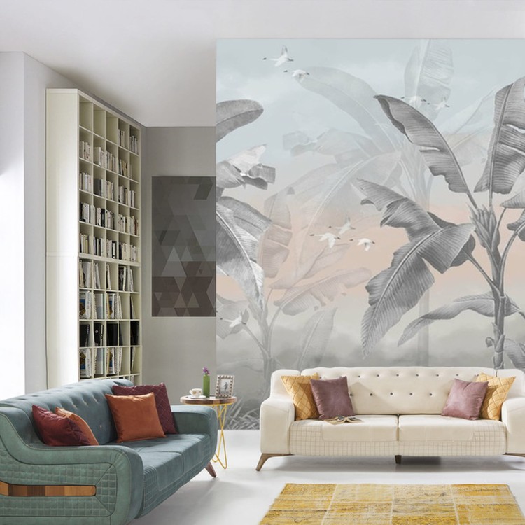 Fototapeta Banana Tree Wallpaper Design With Pastel Tones, Tropical Landscape, Mural Art.