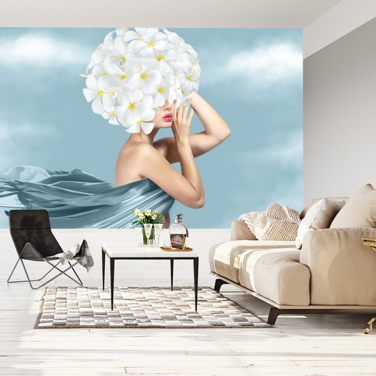 Fototapeta Portrait Of Young Beautiful Woman With Blue Silk