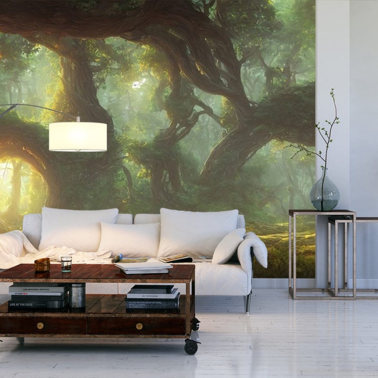 Fototapeta Amazing Fantastic Curved Forest. Forest Landscape Of Trees In The Rays Of The Sun. 3D