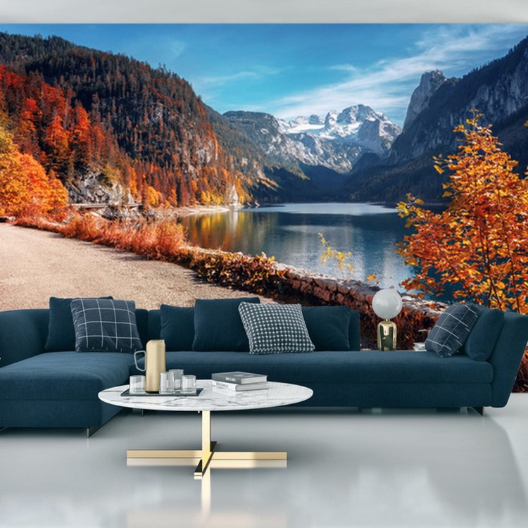 Fototapeta Beautiful Landscape Mountain Forest Lake. Amazing Autumn View Of Grundlsee Alpine Lake. Great Autumn Background For Design. Colorful Scenery In Alps. Popular Travel And Hiking Destination.