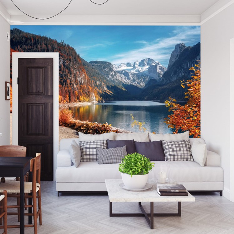 Fototapeta Beautiful Landscape Mountain Forest Lake. Amazing Autumn View Of Grundlsee Alpine Lake. Great Autumn Background For Design. Colorful Scenery In Alps. Popular Travel And Hiking Destination.