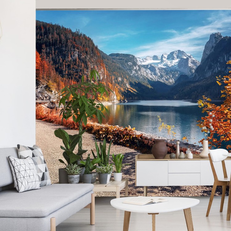 Fototapeta Beautiful Landscape Mountain Forest Lake. Amazing Autumn View Of Grundlsee Alpine Lake. Great Autumn Background For Design. Colorful Scenery In Alps. Popular Travel And Hiking Destination.