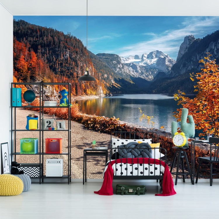 Fototapeta Beautiful Landscape Mountain Forest Lake. Amazing Autumn View Of Grundlsee Alpine Lake. Great Autumn Background For Design. Colorful Scenery In Alps. Popular Travel And Hiking Destination.