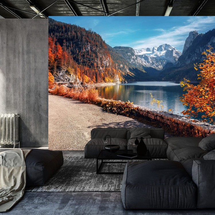 Fototapeta Beautiful Landscape Mountain Forest Lake. Amazing Autumn View Of Grundlsee Alpine Lake. Great Autumn Background For Design. Colorful Scenery In Alps. Popular Travel And Hiking Destination.