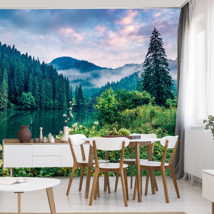 Fototapeta Dramatic Morning Scene Of Lacu Rosu Lake. Misty Summer Sunrise In Harghita County, Romania, Europe. Beauty Of Nature Concept Background.