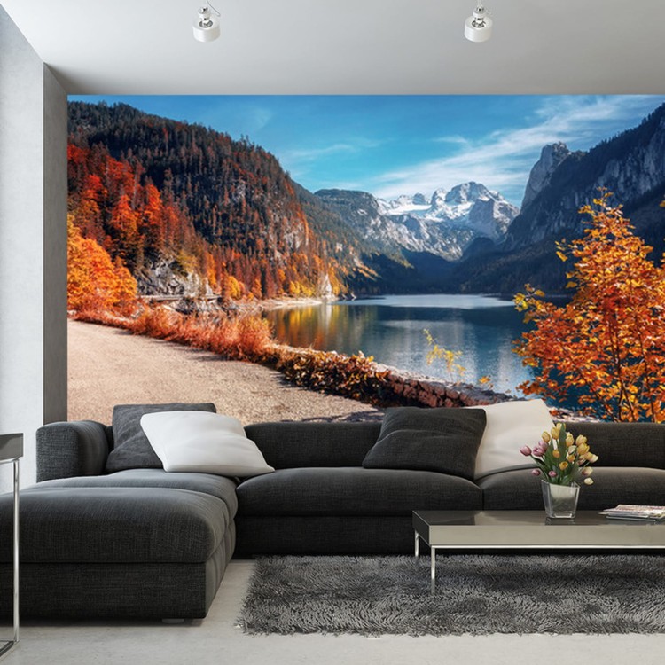 Fototapeta Beautiful Landscape Mountain Forest Lake. Amazing Autumn View Of Grundlsee Alpine Lake. Great Autumn Background For Design. Colorful Scenery In Alps. Popular Travel And Hiking Destination.