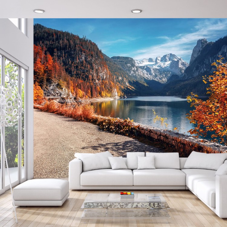 Fototapeta Beautiful Landscape Mountain Forest Lake. Amazing Autumn View Of Grundlsee Alpine Lake. Great Autumn Background For Design. Colorful Scenery In Alps. Popular Travel And Hiking Destination.