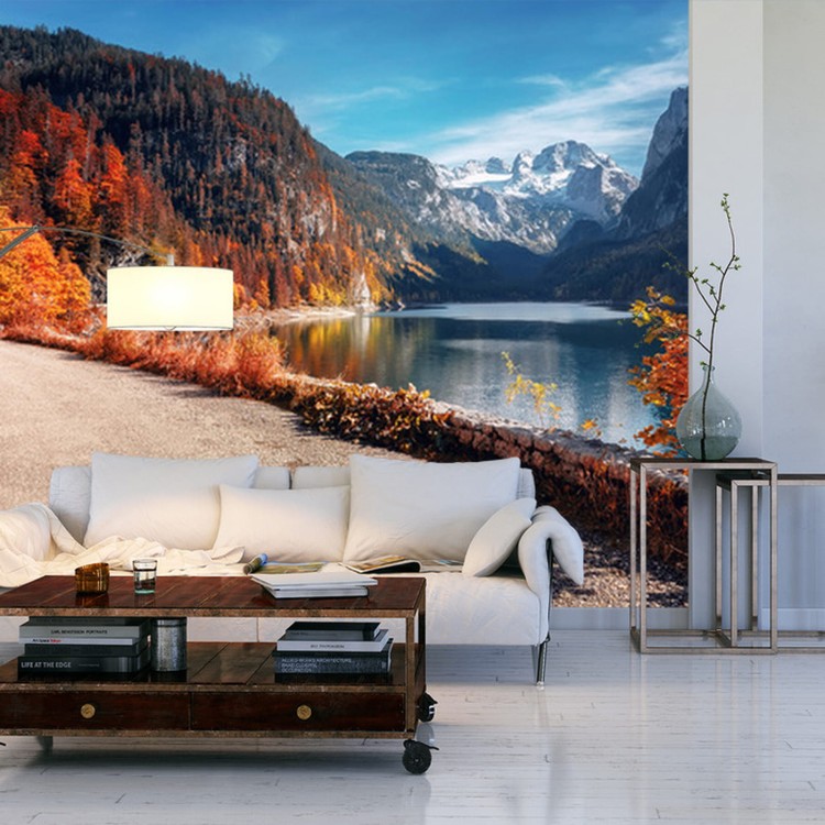 Fototapeta Beautiful Landscape Mountain Forest Lake. Amazing Autumn View Of Grundlsee Alpine Lake. Great Autumn Background For Design. Colorful Scenery In Alps. Popular Travel And Hiking Destination.