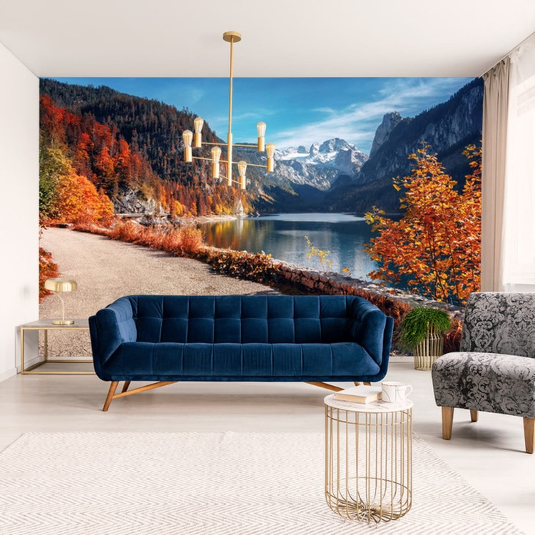 Fototapeta Beautiful Landscape Mountain Forest Lake. Amazing Autumn View Of Grundlsee Alpine Lake. Great Autumn Background For Design. Colorful Scenery In Alps. Popular Travel And Hiking Destination.