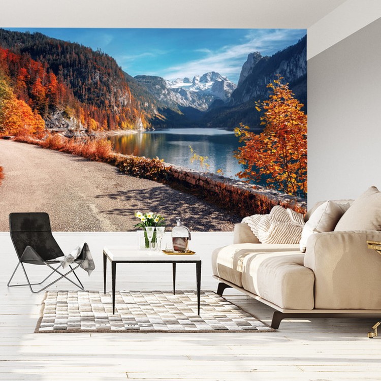 Fototapeta Beautiful Landscape Mountain Forest Lake. Amazing Autumn View Of Grundlsee Alpine Lake. Great Autumn Background For Design. Colorful Scenery In Alps. Popular Travel And Hiking Destination.