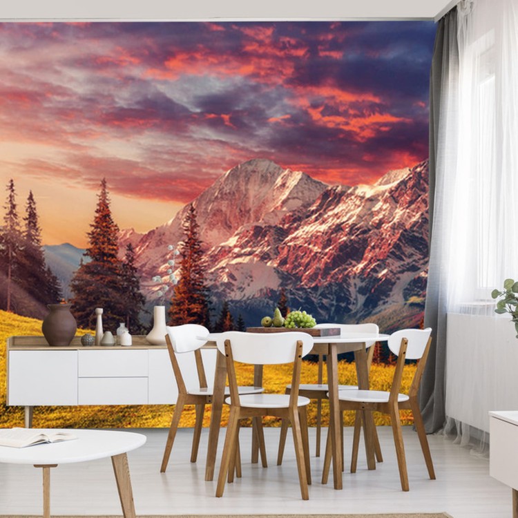 Fototapeta Awesome Alpine Highlands In Sunny Day. Scenic Image Of Fairy-Tale Landscape With Colorful Sky Under Sunlit, Over The Majestic Rock Mountains. Wild Area. Megical Natural Background. Creative Image