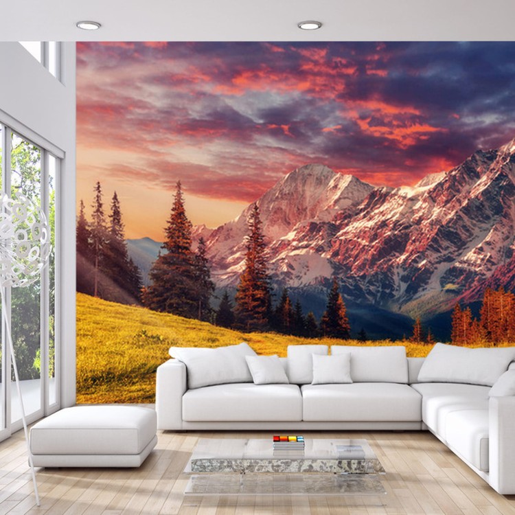 Fototapeta Awesome Alpine Highlands In Sunny Day. Scenic Image Of Fairy-Tale Landscape With Colorful Sky Under Sunlit, Over The Majestic Rock Mountains. Wild Area. Megical Natural Background. Creative Image