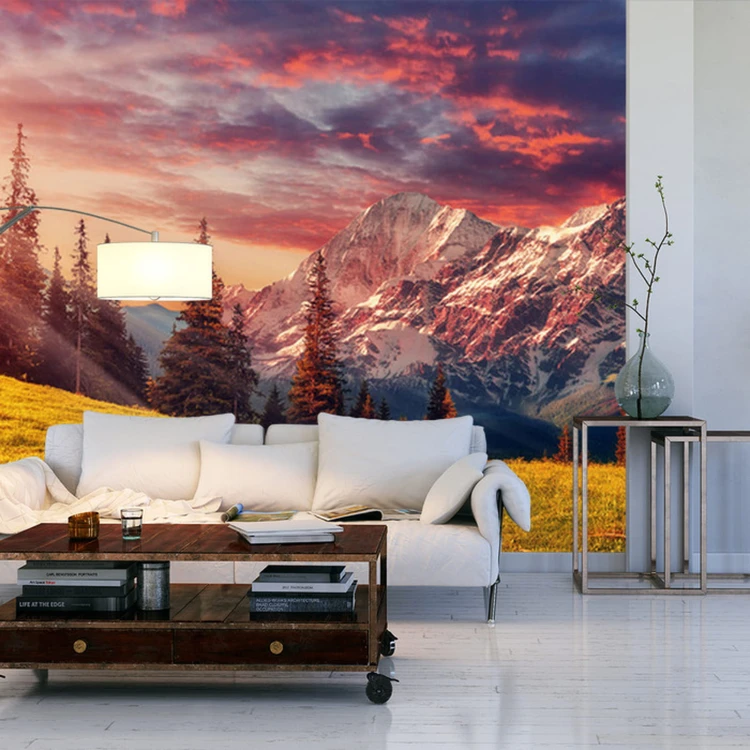 Fototapeta Awesome Alpine Highlands In Sunny Day. Scenic Image Of Fairy-Tale Landscape With Colorful Sky Under Sunlit, Over The Majestic Rock Mountains. Wild Area. Megical Natural Background. Creative Image